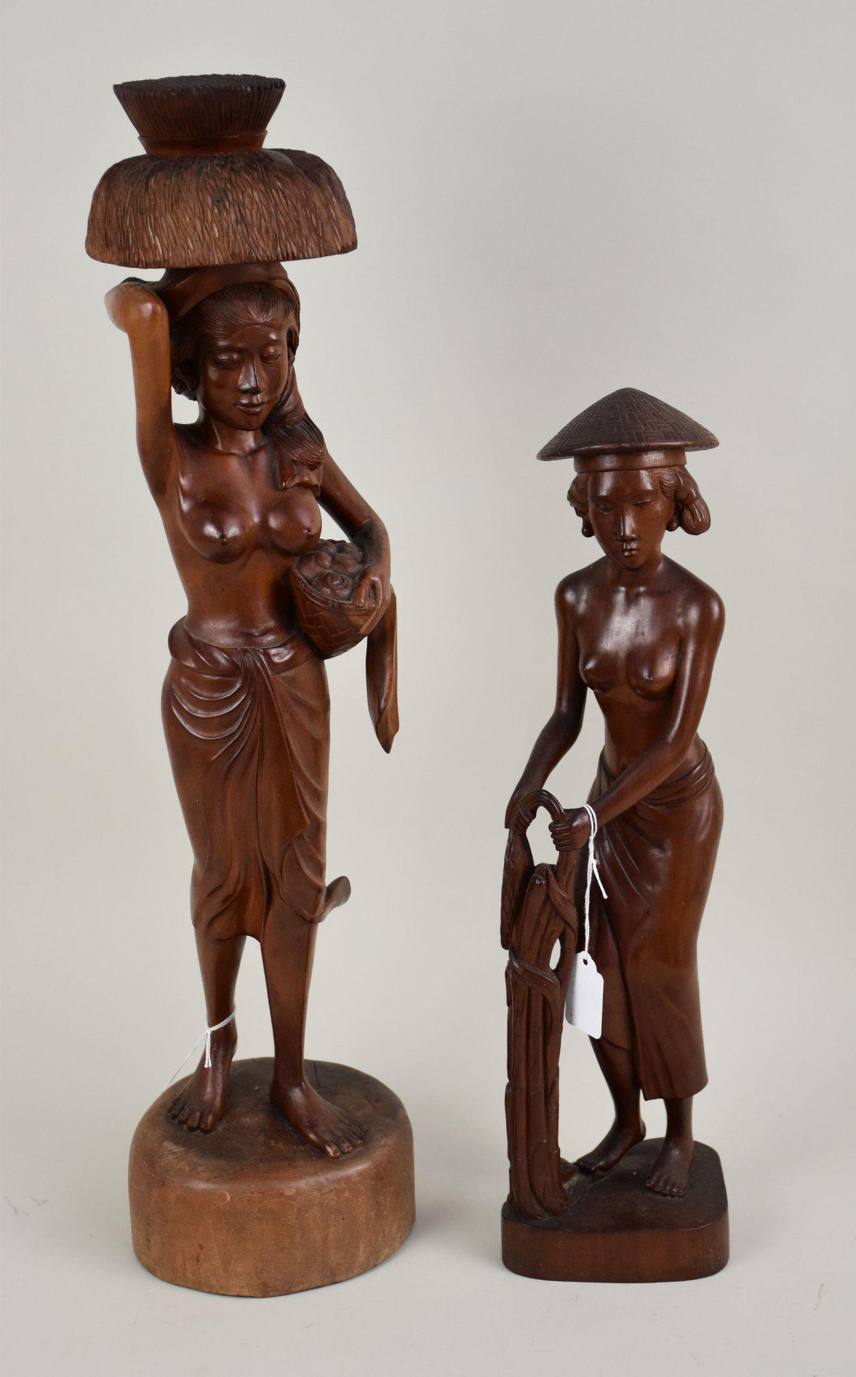 Two Vintage Balinese Carved Wood Female Figures - One holding fruit basket 24" h, the other 18 3/4" (1 of 6)