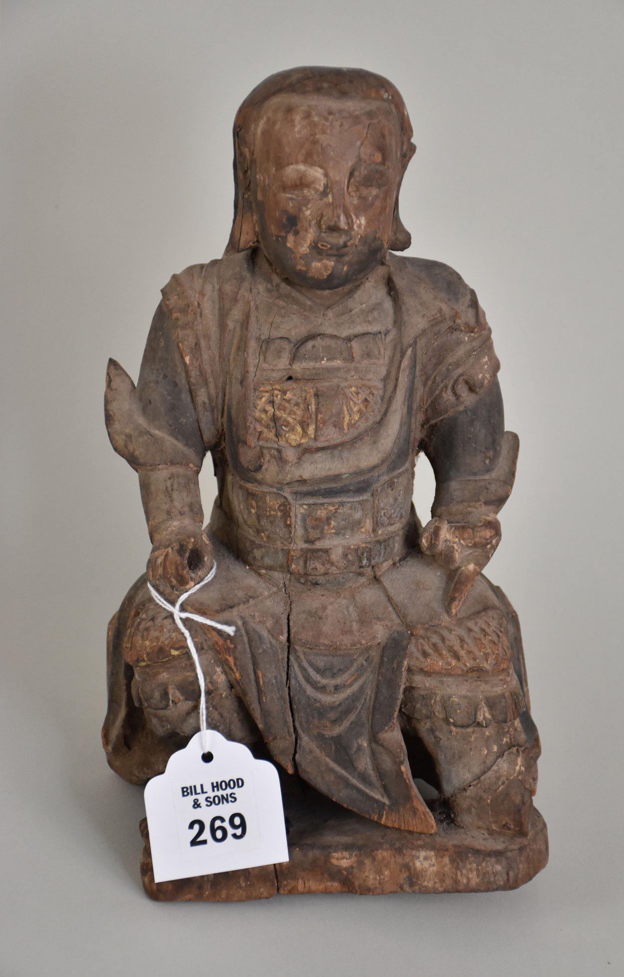 Chinese Carved Wood Daoist Figure of Zhenwu - Early Qing Dynasty. A wooden carving of a seated (1 of 5)