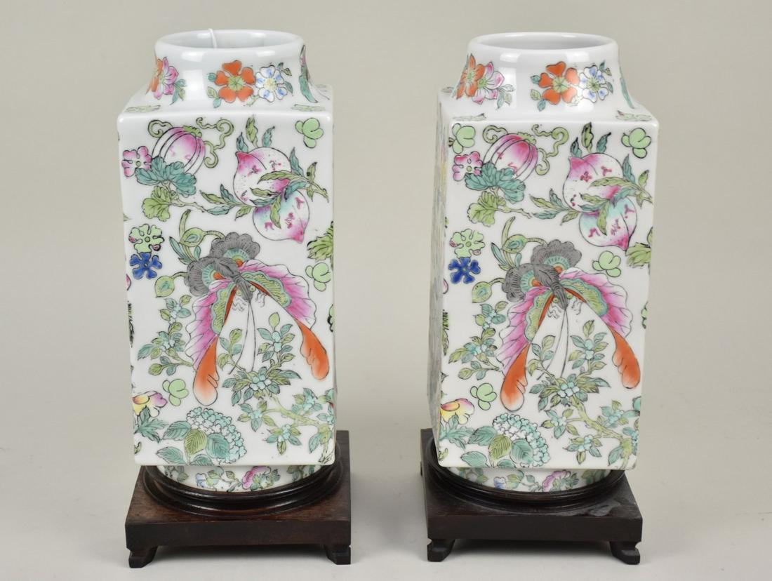 Pair Chinese Famille Rose Porcelain Rectangular Vases - a pair of rectangular vases with floral and (1 of 7)