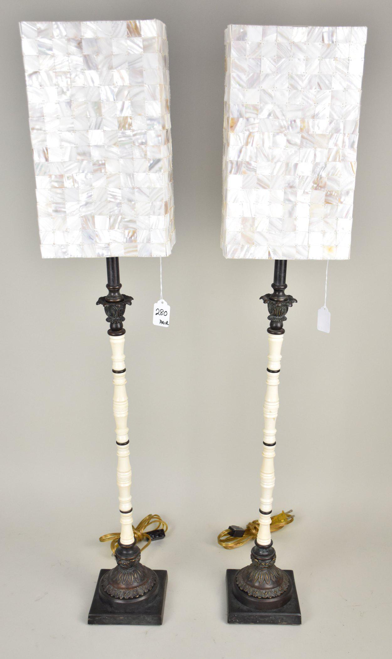 Pair Bronze & Carved Bone Column Lamps with Mother-Of-Pearl Shades - a pair of column-form lamps: Pair Bronze & Carved Bone Column Lamps with Mother-Of-Pearl Shades - a pair of column-form lamps with patinated bronze mountings at top and base. Single light fixture. With rectangular open-back shade