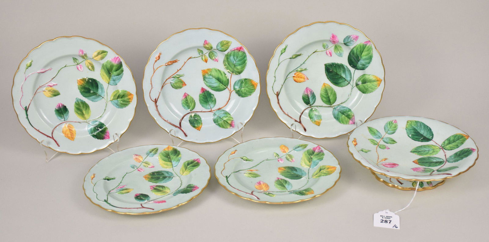 1870s Minton China Rosebud 5 Plates & Pedestal Dish - Rosebud and leaf design on a celadon ground. (1 of 4)
