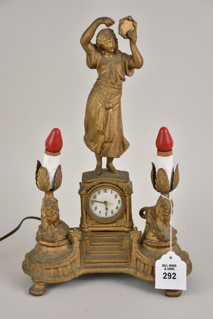 Vintage Spelter Figural Two-Light Clock  - A gilt patinated spelter two-light mantel clock featuring (1 of 6)