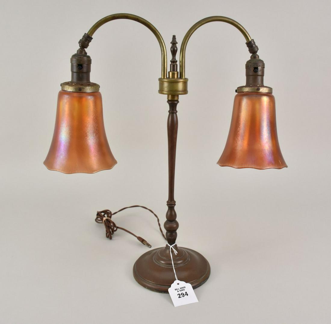 Art Deco Brass Lamp NUART Imperial Glass Shades - c. 1920s. A brass two light lamp with signed NUART (1 of 6)