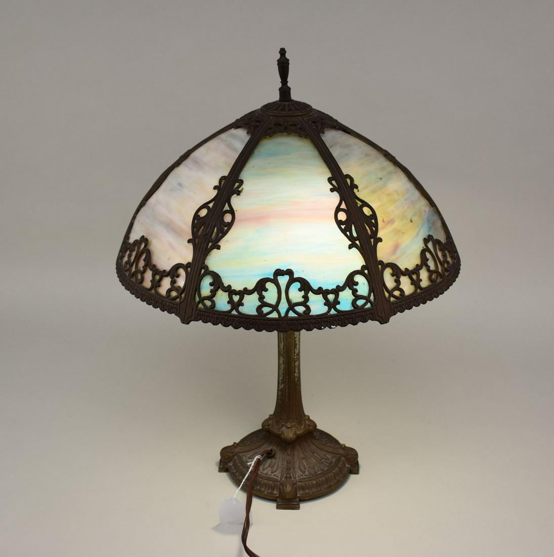 Antique Slag Glass Lamp - Patinated bronze finish over spelter. Shade with reticulated borders and (1 of 7)