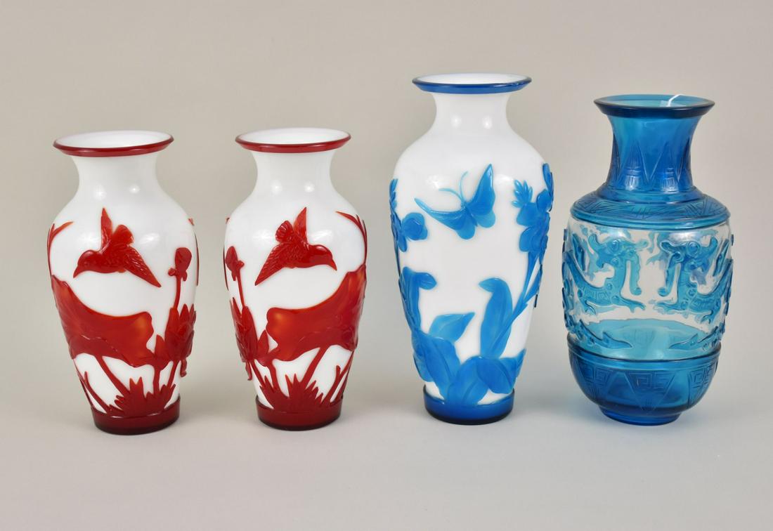 Four Chinese Peking Glass Vases - Grouping includes: One of blue to clear glass 9" h, Blue to white (1 of 6)