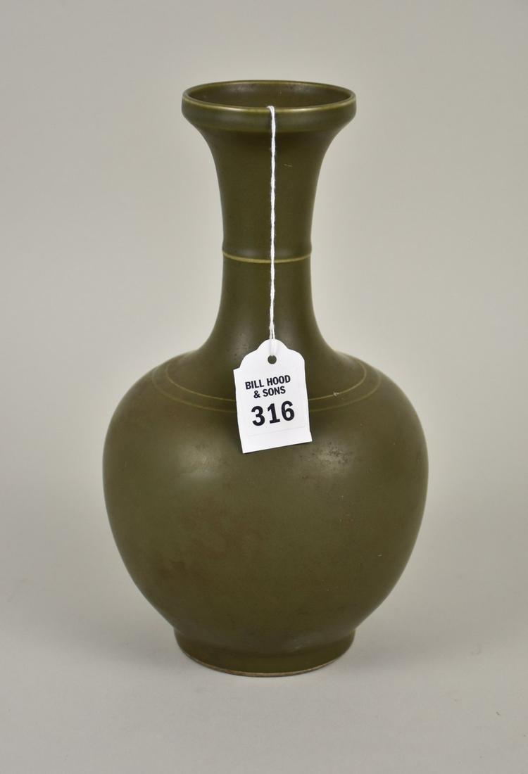 Chinese Olive Green Porcelain Vase - A long-necked globular vase with a wide mouth rim. The (1 of 5)