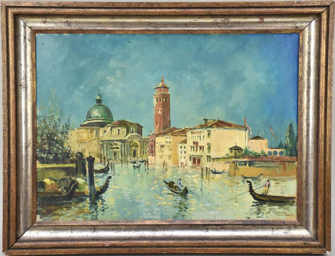 Venetian scene, oil on Masonite, signed illegibly lower right, 16" x 22", 20" x 25 1/2" overall: Venetian scene, oil on Masonite, signed illegibly lower right, 16" x 22", 20" x 25 1/2" overall