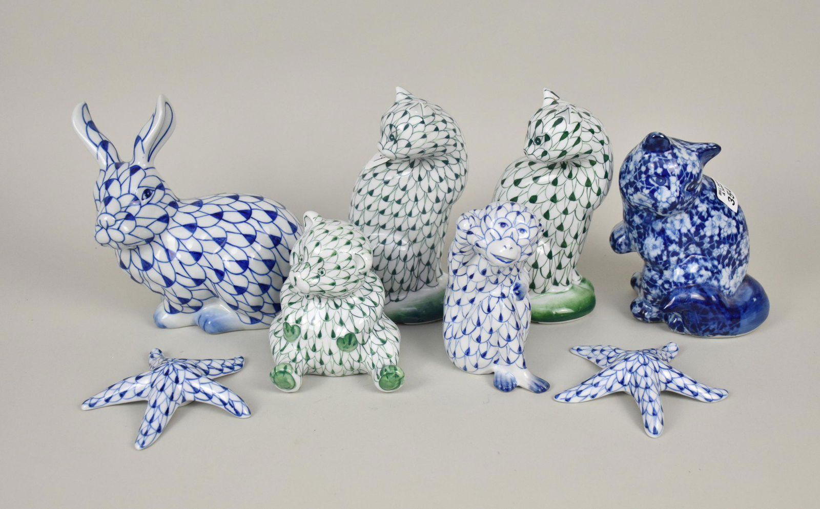 8 Porcelain Animals, Pair Green Fishnet Cats, Blue Fishnet Bunny, Green Fishnet Bear, Blue Fishnet (1 of 8)