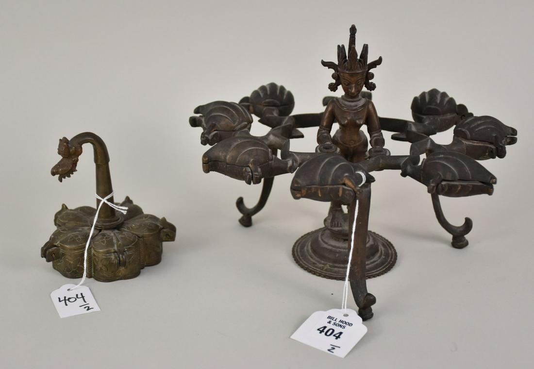 Two Figural Indian Hindu Bronze Kumkum Spice Boxes - a spice box with female figure at center, seven (1 of 12)