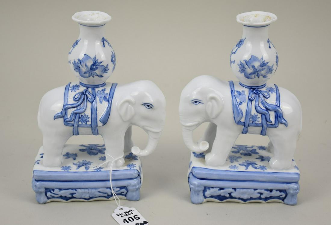 Pair Porcelain Elephant Candle Holders - A pair of porcelain elephant candlesticks with the elephant (1 of 4)