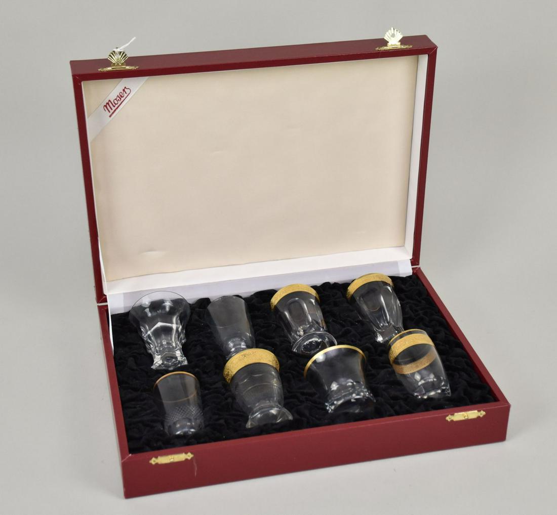 Set of 8 Moser Art Glass Spirits Shot Glasses in Display Box - Czech Republic. Each of a different (1 of 4)