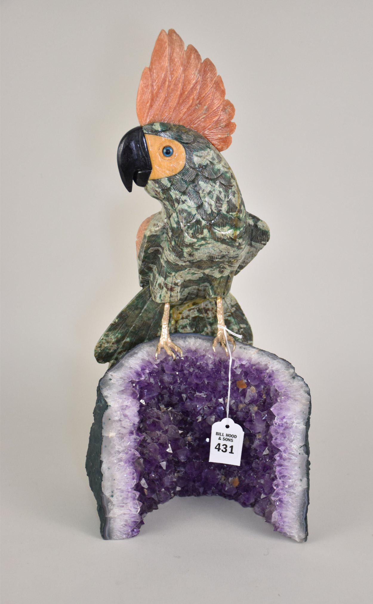 Carved Stone Cockatoo on Amethyst Geode - a carved cockatoo of green, coral-colored, and obsidian (1 of 6)
