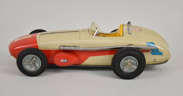 1960s Sears #4247 Indianapolis 500 Racer Tin Toy Car - c. 1960s. Battery Operated Tin Lithographed: 1960s Sears #4247 Indianapolis 500 Racer Tin Toy Car - c. 1960s. Battery Operated Tin Lithographed Race Car. In original box with two spare tires. Spring cable remote control accessory. Runs on three