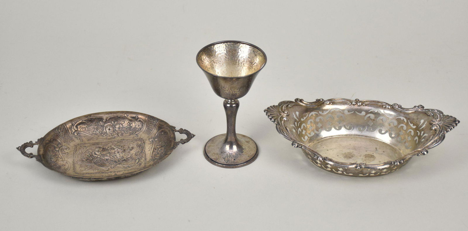3 Misc. Sterling Articles: Gorham Sterling Hand Hammered Goblet with monogram (5"h) Continental Pin (1 of 5)