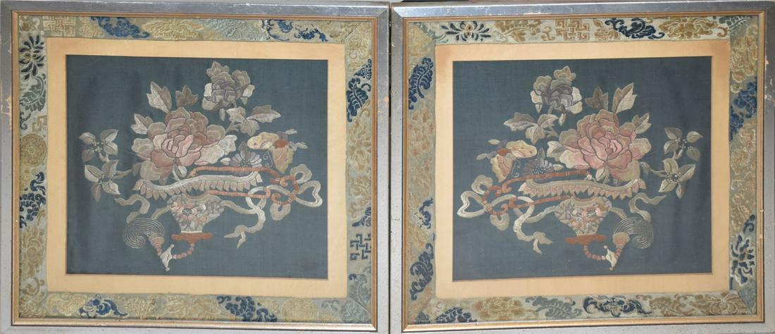 Pair of 19th century embroidered Chinese silk panels, 10" x 11" sight, 15 1/2" x 16 1/2" overall (1 of 5)