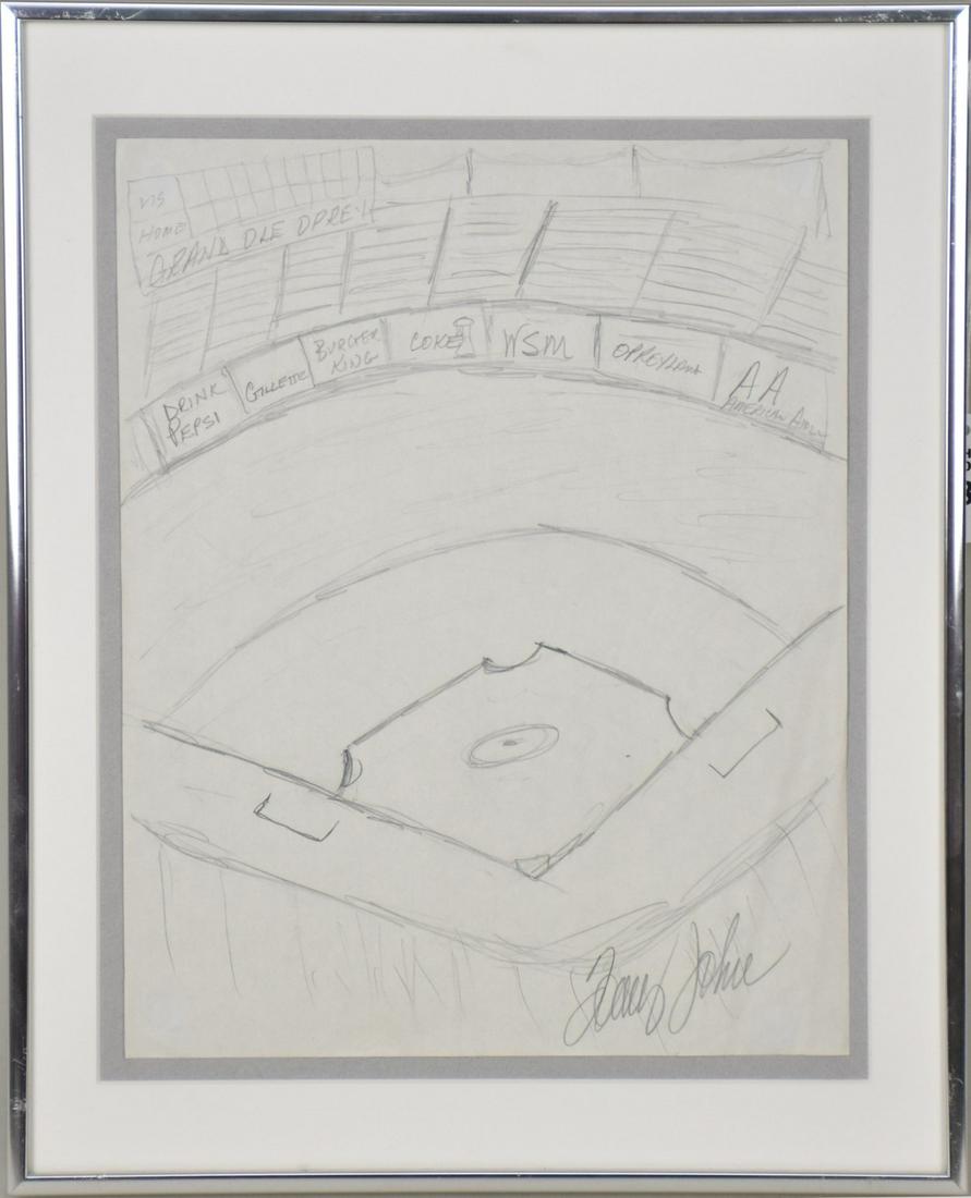 Signed Tommy John MLB Pencil Drawing of Baseball Stadium - A pencil sketch on paper by Tommy Johns (1 of 7)