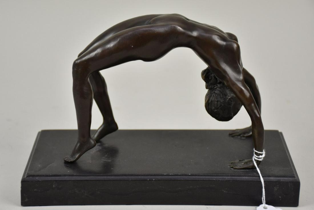 Bronze Figure of Acrobatic Nude - Patinated bronze figure of a nude woman in back bend pose. 6 5/8": Bronze Figure of Acrobatic Nude - Patinated bronze figure of a nude woman in back bend pose. 6 5/8" h x 10" l x 4 3/8" w.