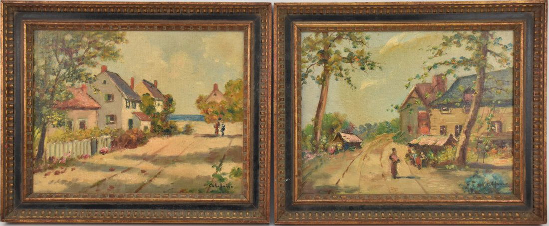 Pair John Edmund Califano (Italian-American, 1862/64-1946) Oil on Board - Village street scenes (1 of 6)