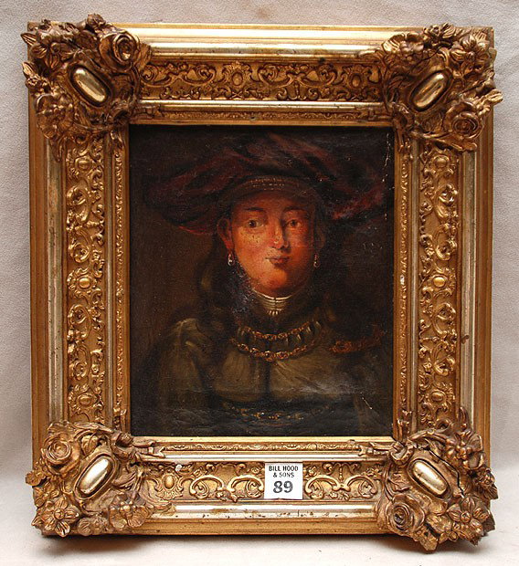 Early 19th century European School, oil on canvas, : Early 19th century European School, oil on canvas, Portrait of a woman with elaborate red hat & necklace and earrings, no apparent signature, 8"x7".