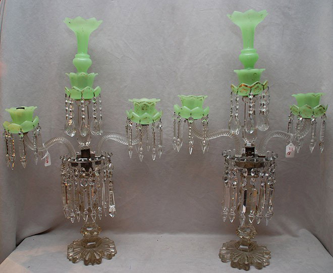 Pr. French opaline, early 19th C. light green crys: Pr. French opaline, early 19th C. light green crystal 2 branch candelabras, 29"h x 19"l