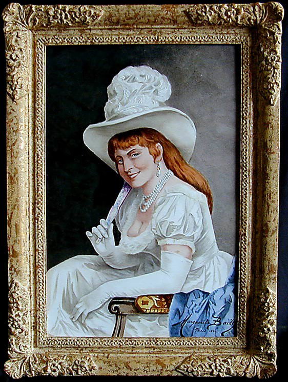 19THC CONTINENTAL PORCELAIN ENAMEL PLAQUE 17.5"H A: 19THC CONTINENTAL PORCELAIN ENAMEL PLAQUE 17.5"H A 19thC Continental framed porcelain enamel plaque depicting a 3/4 length portrait of an elegant woman dressed in white formal gown, hat, gloves & pear