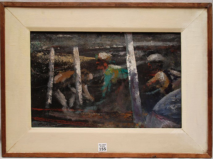 Noel Rockmore (American 1928 - 1995) oil on masson: Noel Rockmore (American 1928 - 1995) oil on massonite board, "300 ft. level" signed lower left dated '64