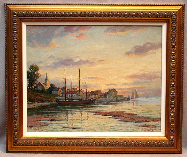 WILLIAM FREDERICK PASKELL a/k/a T. BAILEY, America: WILLIAM FREDERICK PASKELL a/k/a T. BAILEY, American, "Sunset River Scene With Boats", oil on canvas 16" x 20", framed