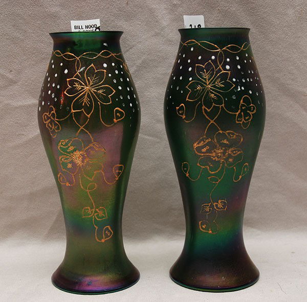 Pair of unsigned Loetz vases, 8 1/2"h: Pair of unsigned Loetz vases, 8 1/2"h