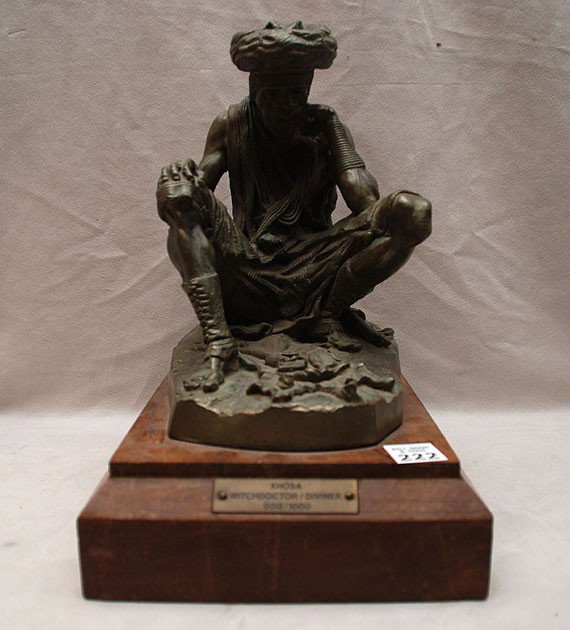 African sculpture "XHOSA" , witch doctor/diviner 0: African sculpture "XHOSA" , witch doctor/diviner 0012/1000, artist Llewellyn Davies (ZIMBABWEAN, 1950) 9 1/2"h x 8 1/2"w
