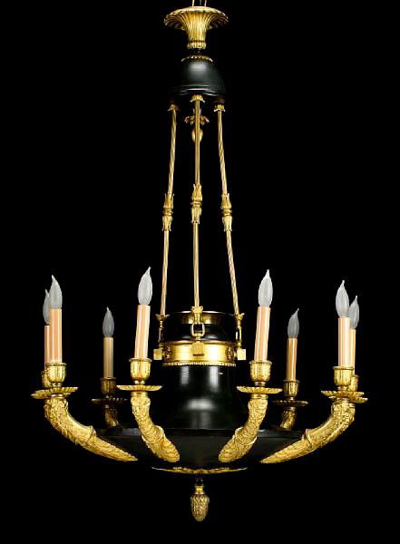 French Empire style gilt bronze 9 light chandelier: French Empire style gilt bronze 9 light chandelier, ca. 1880, 41"high x 28"diameter Provenance: by repute, formerly in the collection of Gianni Versace two more pics added Tuesday