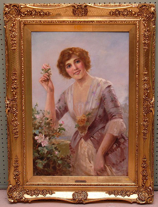 John Wesley Carroll (AMERICAN, 1892-1959) oil on c: John Wesley Carroll (AMERICAN, 1892-1959) oil on canvas, Lady holding a flower, 30"x20"