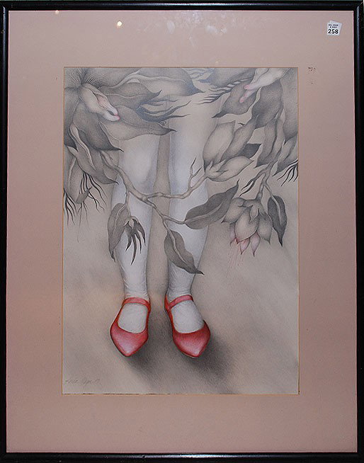 Lucia Maya (MEXICAN, 20thCentury) Pencil drawing,: Lucia Maya (MEXICAN, 20thCentury) Pencil drawing, "red shoes" behind some vines, pencil signed and dated '89, 25"x19"