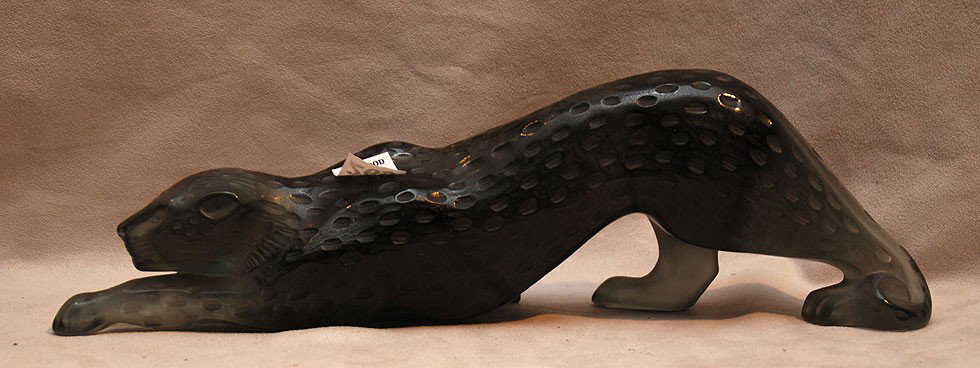 Lalique dark green glass panther, 14 1/2"L: Lalique dark green glass panther, 14 1/2"L