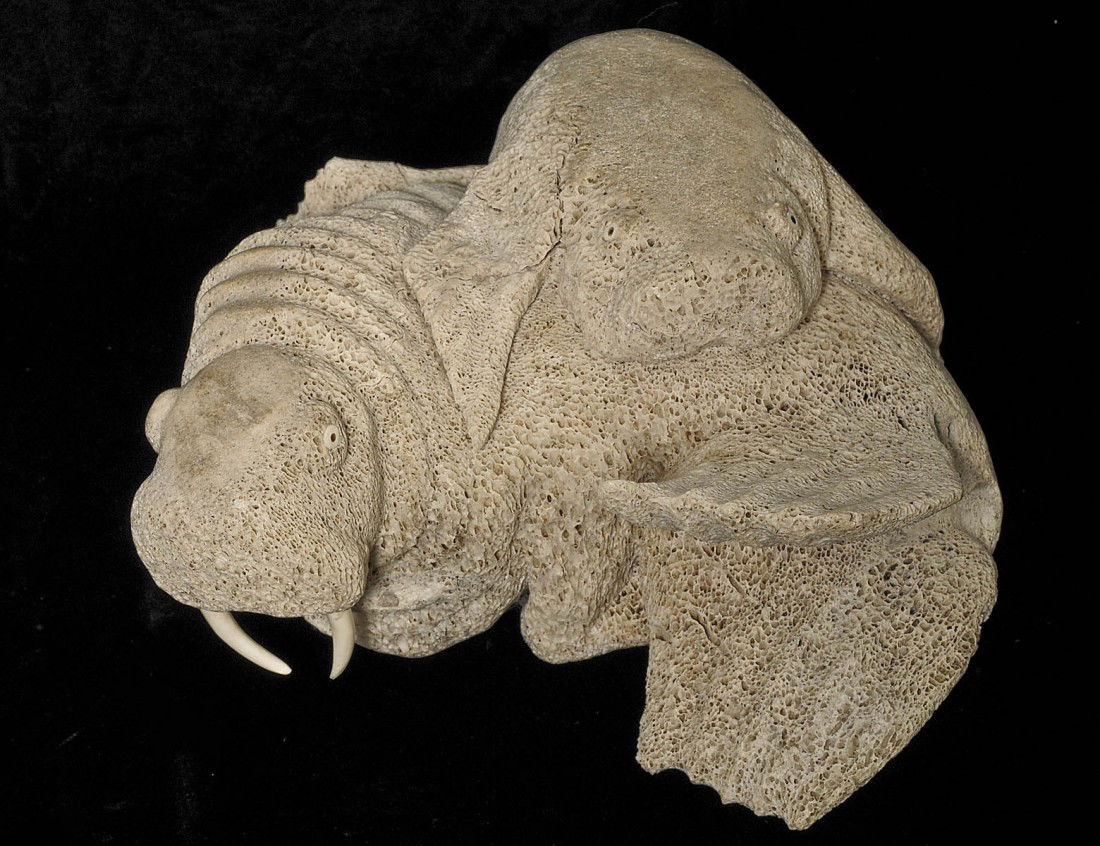 Whale bone Inuit carving: Whale bone Inuit carving, (mamma & bably Walrus) approx. 10"wide x 10"deep x 6"high
