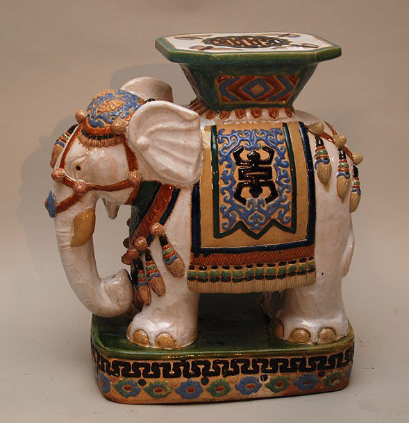 2 ceramic garden seats, elephant (23"h x 19 1/2"w: 2 ceramic garden seats, elephant (23"h x 19 1/2"w) and camel (16 1/2"h x 22 1/2"w)
