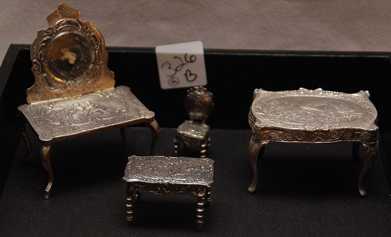 4 pcs. Silver miniatures; incl; table, vanity, sm: 4 pcs. Silver miniatures; incl; table, vanity, smaller table and 1 chair