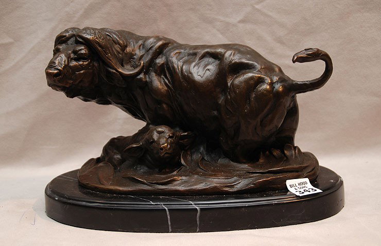 Bronze Africa water buffalo on marble base, 6"H x: Bronze Africa water buffalo on marble base, 6"H x 10"L