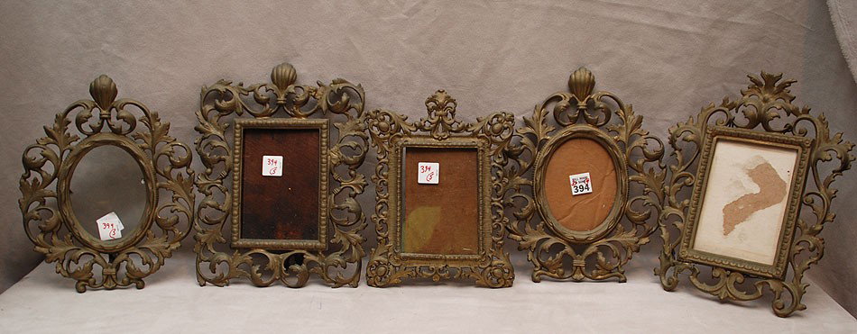 Five brass picture frames, 2 oval, 3 rectangular, : Five brass picture frames, 2 oval, 3 rectangular, tallest 11 1/2", shortest 9 1/2"