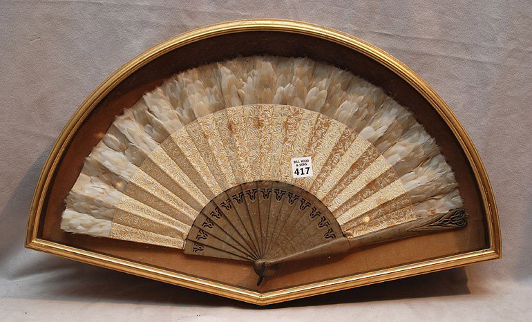 Oriental silk and feathered fan in shadow box fram: Oriental silk and feathered fan in shadow box frame, provenance on verso (a gift to someone in Paris 1875)