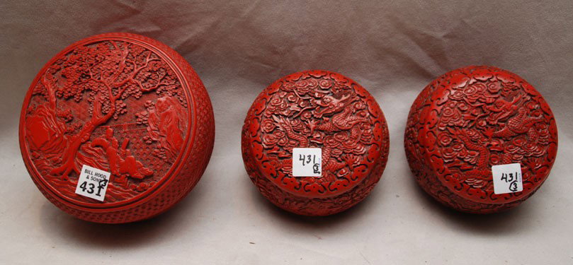 3 round cinnabar boxes, assorted sizes: 3 round cinnabar boxes, assorted sizes