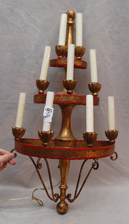 Painted wood and metal wall sconce with 3 tiers (: Painted wood and metal wall sconce with 3 tiers (9 lites) 28"h