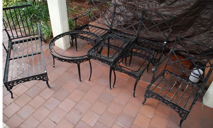 Patio furniture, incl; 3 section sofa, occasional: Patio furniture, incl; 3 section sofa, occasional arm chair, chaise lounge (needs repair) round coffee table and 2 end tables