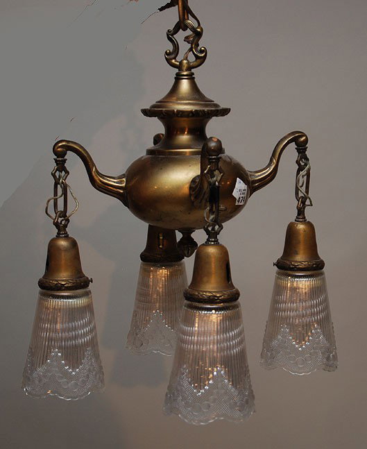 Hanging light fixture with 4 glass shades, circa 1: Hanging light fixture with 4 glass shades, circa 1920's