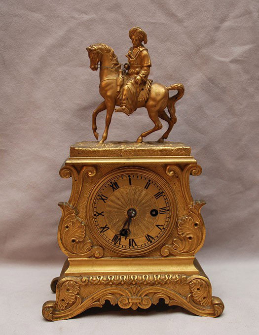 French dore bronze clock with horseman on top, 10 1/: French dore bronze clock with horseman on top, 10 1/2"h