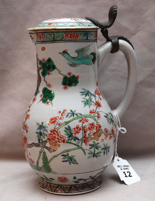 19th c. porcelain pitcher, possibly Samson with pew: 19th c. porcelain pitcher, possibly Samson with pewter fitting at lid, 8 1/2"h