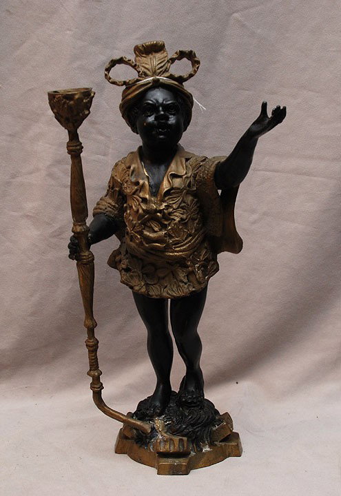 African bronze blackamoor figure holding lamp, 15"h: African bronze blackamoor figure holding lamp, 15"h x 8 1/2"w (lamp needs to be attached to base)
