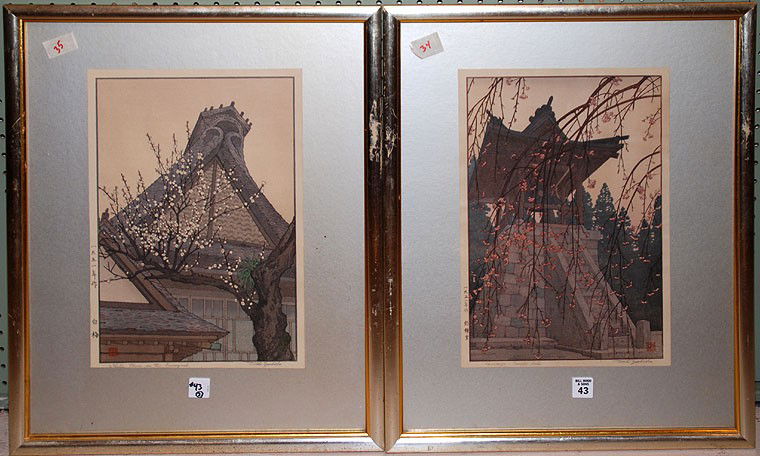 Pr. Japanese wood block prints by Toshi Yoshida (JA: Pr. Japanese wood block prints by Toshi Yoshida (JAPANESE, 1911-1995), signed, framed under glass, 10-3/8"x15-3/8" each