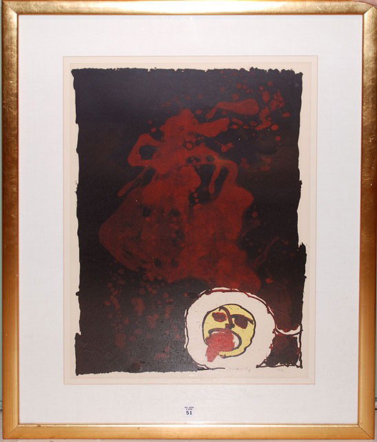 PIERRE ALECHINSKY, Belgian born 1927, "Abstract Man: PIERRE ALECHINSKY, Belgian born 1927, "Abstract Man With Tongue Out", original lithograph, full sheet 30" x 20 ½", limited edition 34/75, signed in pencil lower right, framed.