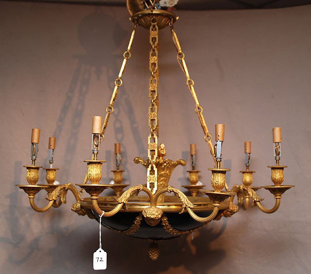 French Empire dore 8 light chandelier,28"h x 29"l: French Empire dore 8 light chandelier,28"h x 29"l
