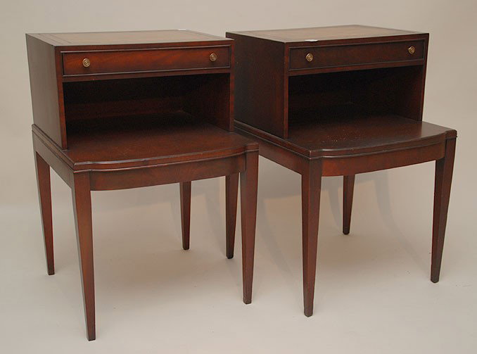 Pair stepped leather surface end tables, marked Hal: Pair stepped leather surface end tables, marked Hallem furniture